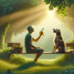 A dog and its owner in a lush park, sharing a moment with a banana, symbolizing the bond and care in choosing healthy treats.